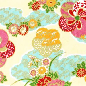 Hoja de papel japonés A4, YUZEN WASHI, amarillo y turquesa, Kumochiri con motivos florales