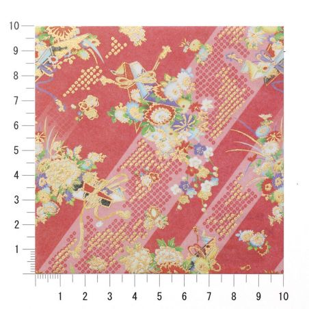 feuille papier japonais, YUZEN WASHI, rouge, bouquet de fleurs Yoi kaori
