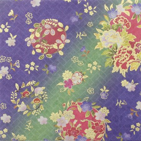 hoja de papel japonés, YUZEN WASHI, azul, flor redonda, marui hana