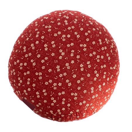 Coussin de méditation rond rouge motif fleurs de cerisier, ZAFU AKA SAKURA, 33 cm