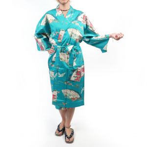 Traditional Japanese happi kimono in turquoise cotton with crane pattern for women, HAPPI YUKATA TSURU