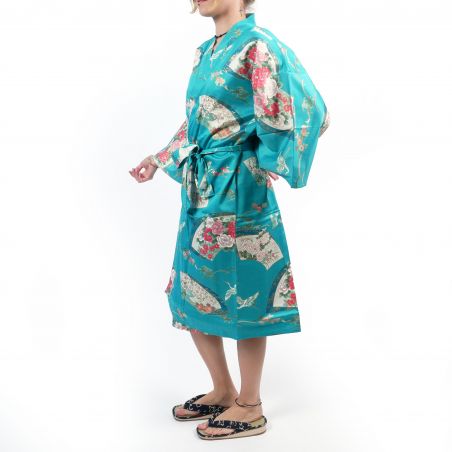 Kimono happi traditionnel japonais turquoise en coton motif grue pour femme, HAPPI YUKATA TSURU