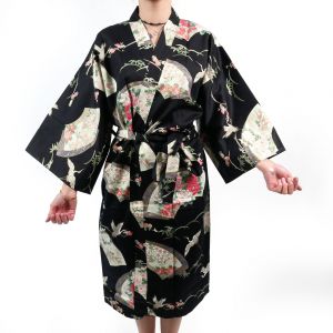 Traditioneller japanischer Happi-Kimono aus schwarzer Baumwolle mit Kranichmuster für Damen, HAPPI YUKATA TSURU