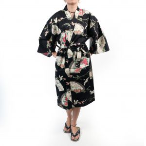 Traditional Japanese black cotton happi kimono with crane pattern for women, HAPPI YUKATA TSURU