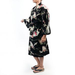 Kimono tradizionale giapponese Happi in cotone nero con motivo gru da donna, HAPPI YUKATA TSURU