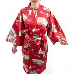 Traditional Japanese red cotton happi kimono with crane pattern for women, HAPPI YUKATA TSURU