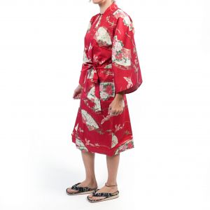 Traditioneller japanischer Happi-Kimono aus roter Baumwolle mit Kranichmuster für Damen, HAPPI YUKATA TSURU