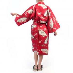 Traditioneller japanischer Happi-Kimono aus roter Baumwolle mit Kranichmuster für Damen, HAPPI YUKATA TSURU