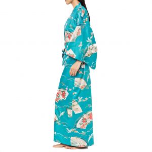 Kimono yukata tradicional japonés de algodón turquesa con estampado de grúas para mujer, YUKATA TSURU