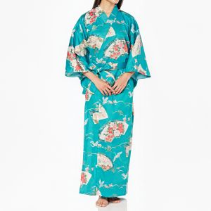 Kimono yukata traditionnel japonais turquoise en coton motif grues pour femme, YUKATA TSURU