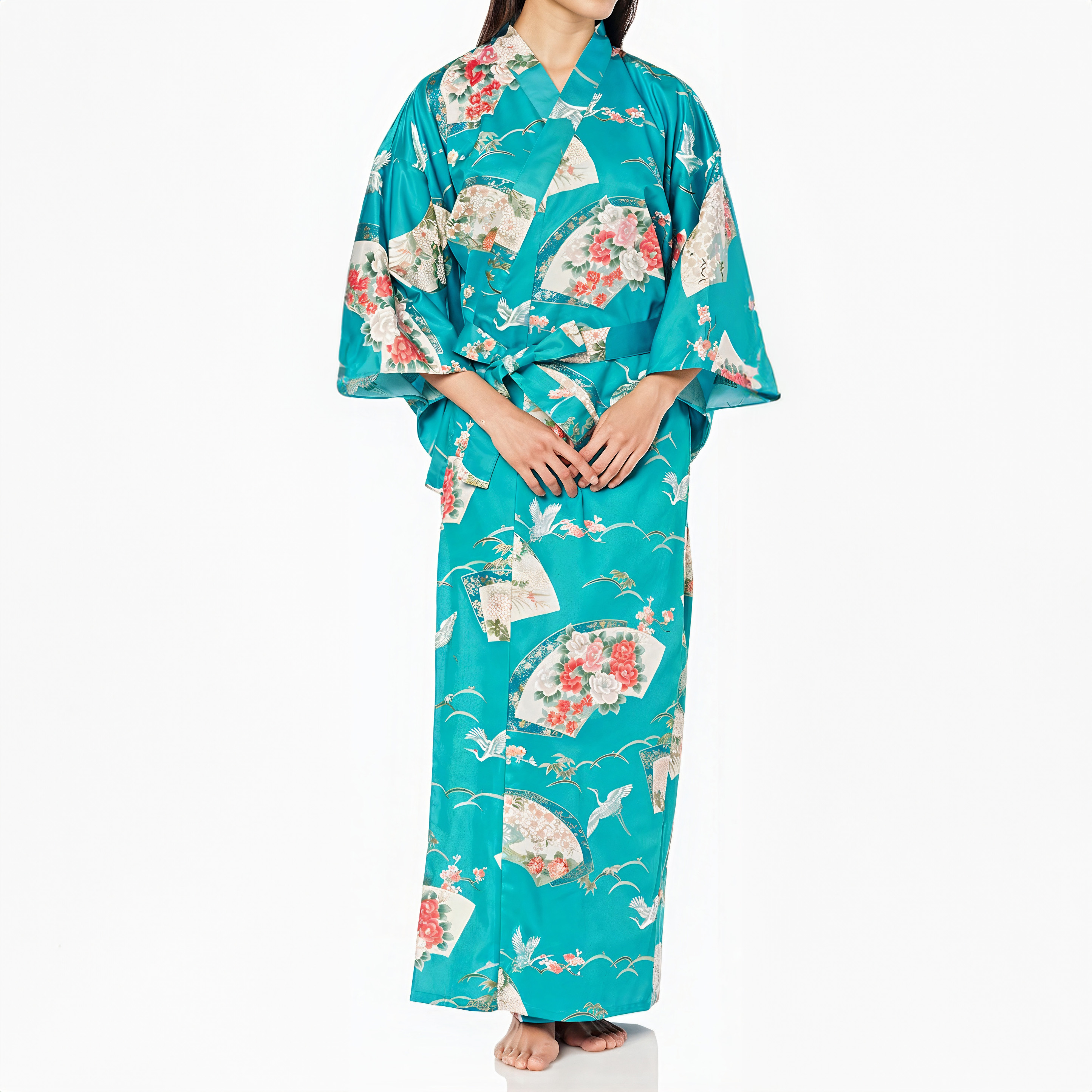 Kimono yukata tradicional japonés de algodón turquesa con estampado de  grúas para mujer, YUKATA TSURU