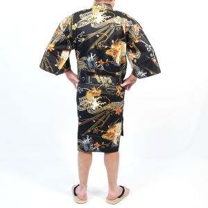 Schwarzer japanischer Happi-Kimono mit goldenem Drachen aus Baumwolle für Herren – DORAGON