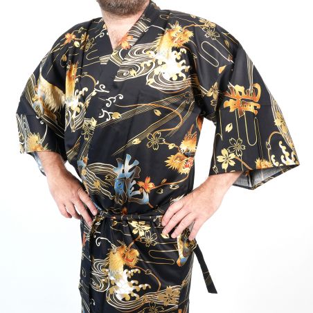 Kimono giapponese happi nero con drago dorato in cotone da uomo - DORAGON