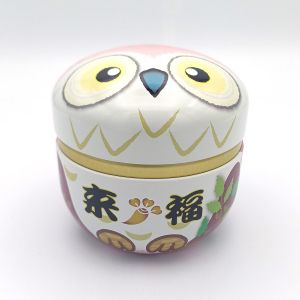 Caja de té japonesa de metal rosa con estampado de búhos, Furuko, 150 g