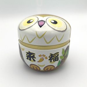 Japanese brown metal tea box with owl motif, Furuko, 150gr