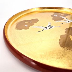 Round tray with gold lacquer effect, crane and cloud motif - KISSHO TSURU