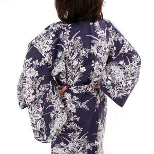 Traditioneller japanischer Yukata-Kimono aus blauer Baumwolle mit Lilienblumenmuster für Damen, YUKATA YURI