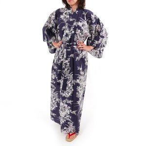 Traditioneller japanischer Yukata-Kimono aus blauer Baumwolle mit Lilienblumenmuster für Damen, YUKATA YURI