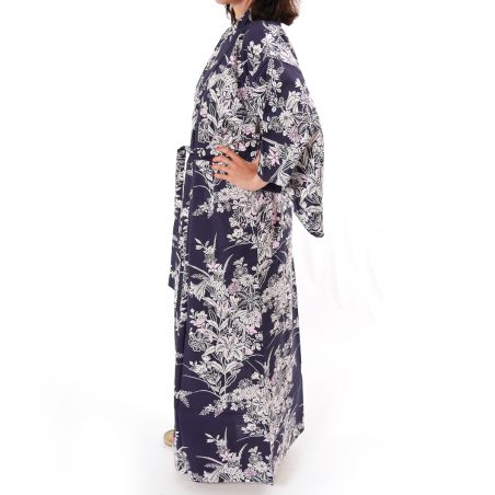 Japanese traditional blue cotton yukata kimono with lily flower pattern for women, YUKATA YURI