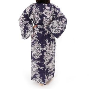 Japanese traditional blue cotton yukata kimono with lily flower pattern for women, YUKATA YURI