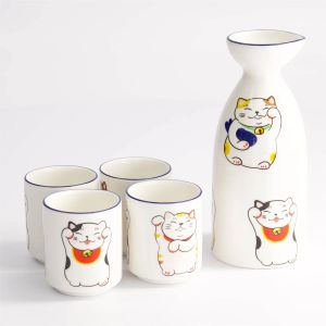 Servicio de sake una botella y 4 tazas, MANEKINEKO