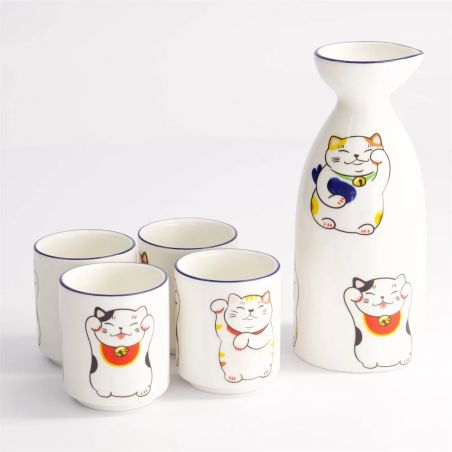 Sake set one bottle and 4 cups, MANEKINEKO