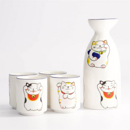 Sake set one bottle and 4 cups, MANEKINEKO