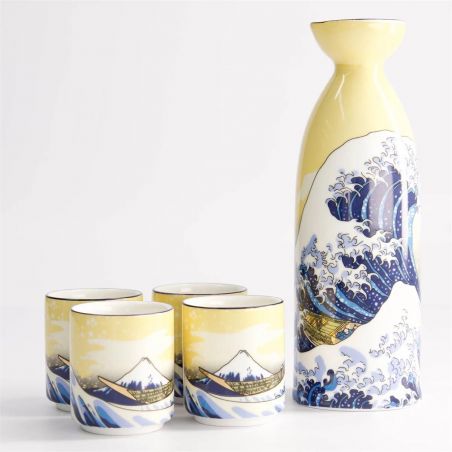 Sake set with one bottle and 4 cups, KANAGAWA URANAMI, wave