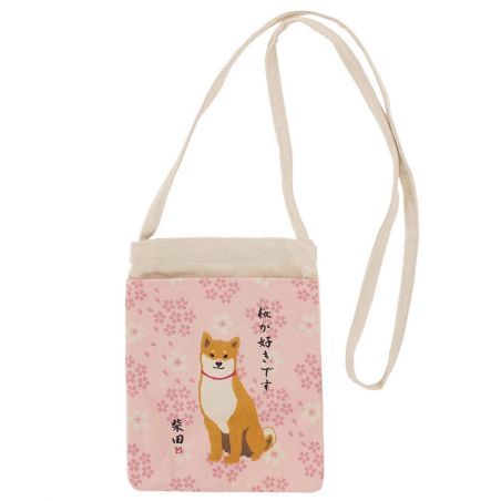 Kleine Tragetasche aus 100 % Baumwolle, Shiba-Hund und Sakura-Blumen – SAKURA NO HANA