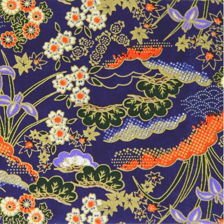 grande feuille papier japonais, YUZEN WASHI, bleu, motif Hanayose