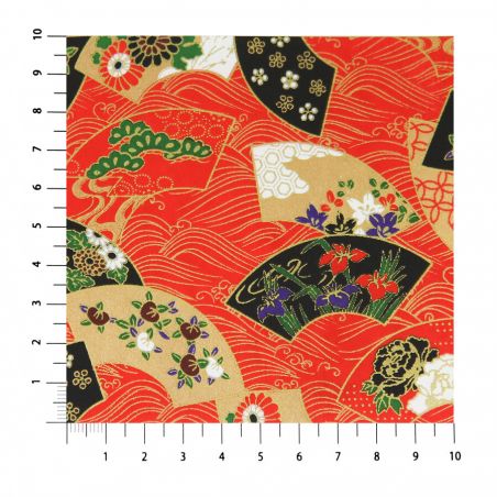 grande feuille papier japonais, YUZEN WASHI, rouge, motif Fleur sur la vague, éventail des quatre saisons