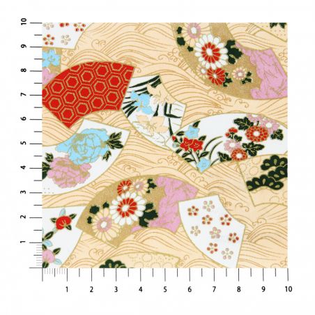 large sheet of Japanese paper, YUZEN WASHI, beige, Flower on the wave pattern, four seasons fan