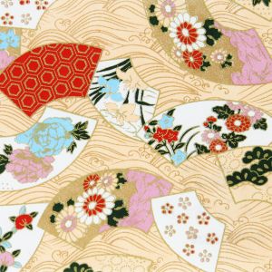 large sheet of Japanese paper, YUZEN WASHI, beige, Flower on the wave pattern, four seasons fan