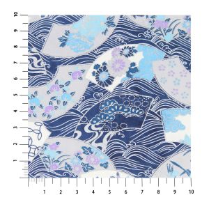 grande feuille papier japonais, YUZEN WASHI, bleu, motif Fleur sur la vague, éventail des quatre saisons