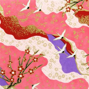 grande feuille papier japonais, YUZEN WASHI, rose, motif Grue et fleurs de prunier rouge et blanc