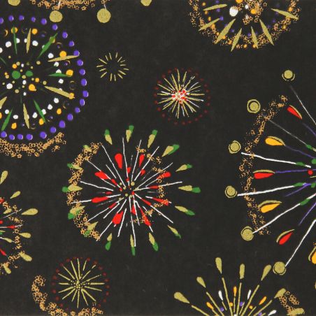 hoja grande de papel japonés, YUZEN WASHI, negro, estampado de fuegos artificiales - HANABI