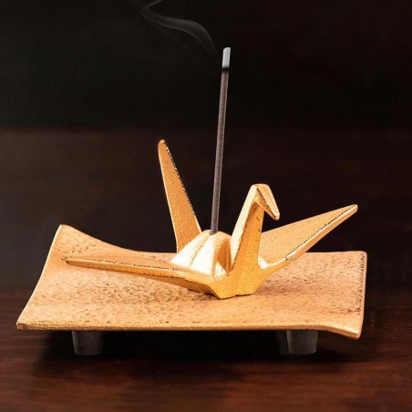 Cast iron incense holder, Iwachu, Orizuru, Golden