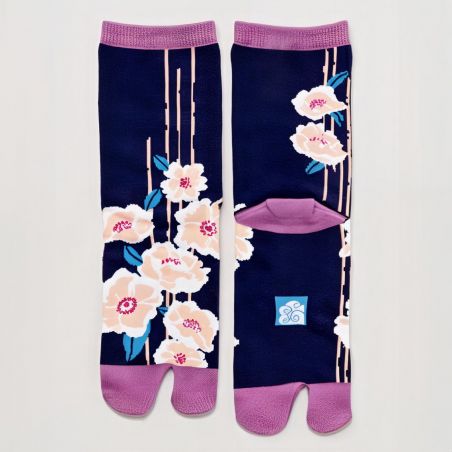 Japanese tabi socks, TSUBAKI, striped camellia, 23-25cm