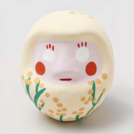 Muñeca japonesa, DARUMA, amarilla, mimosa “amistad”, gracias