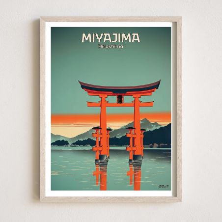 Japanese poster / illustration "MIYAJIMA" The large floating torii (大鳥居) of Itsukushima Shrine, by ダヴィッド