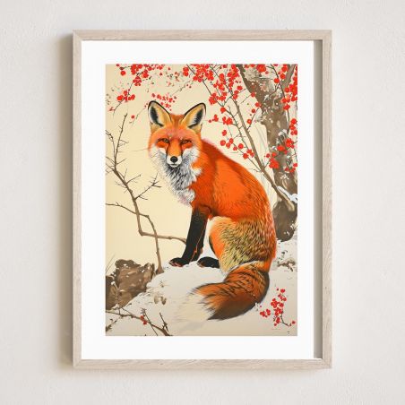 Japanisches Illustration „KITSUNE“, Fuchs im Schnee, von ダヴィッド