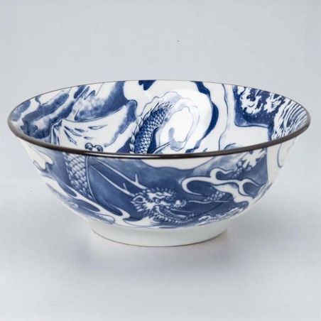 Japanese ceramic ramen bowl in blue with dragon and Mount Fuji pattern - RYU TO FUJISAN