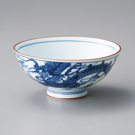 Japanese ceramic rice bowl with blue dragon pattern - DORAGON