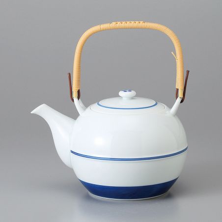 Japanese ceramic teapot with handle, white, blue stripes - MIZO