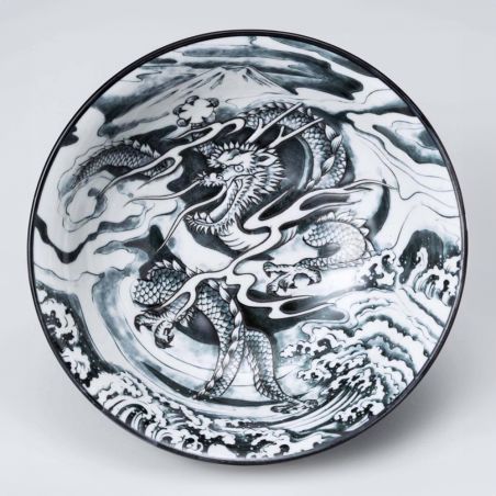 Japanese ceramic ramen bowl black dragon and mount Fuji pattern - RYU TO FUJISAN 1