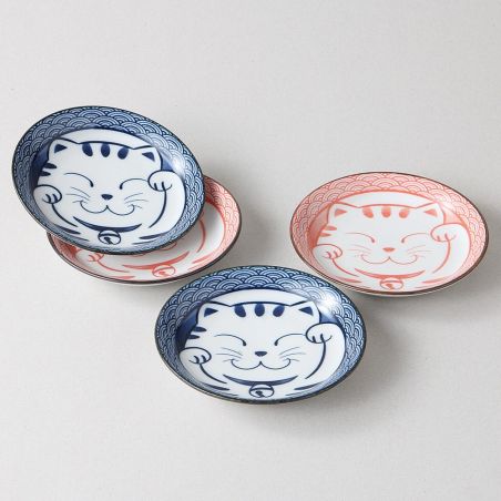 Juego de 4 pequeños platos de cerámica azul y rosa con estampado de gatos - NEKO