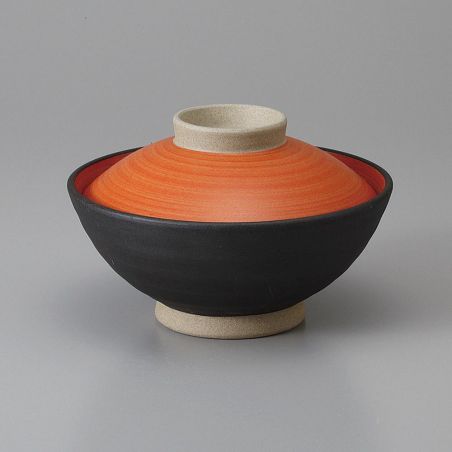 Black Japanese soup or rice bowl with vermilion lid - SHUIRO