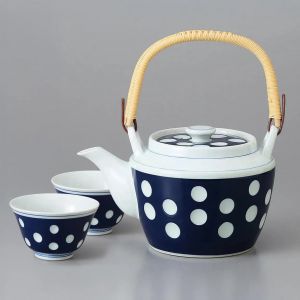 Teiera in ceramica giapponese con manico, pois blu e bianchi - POINTO