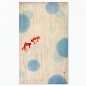 Fine Japanese linen tapestry, goldfish and blue polka dots - MIZUTAMA KINGYO