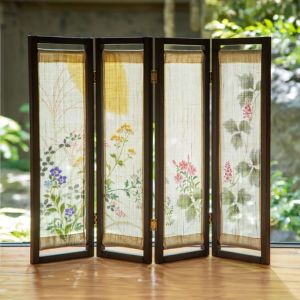 Mini paravent en fine tapisserie japonaise en chanvre, fleurs- HANA